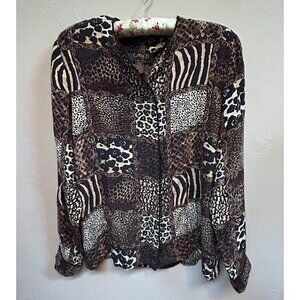 Vintage Corey B. Womens Silk Animal Print Patch Button Long Sleeve Shirt Size 4